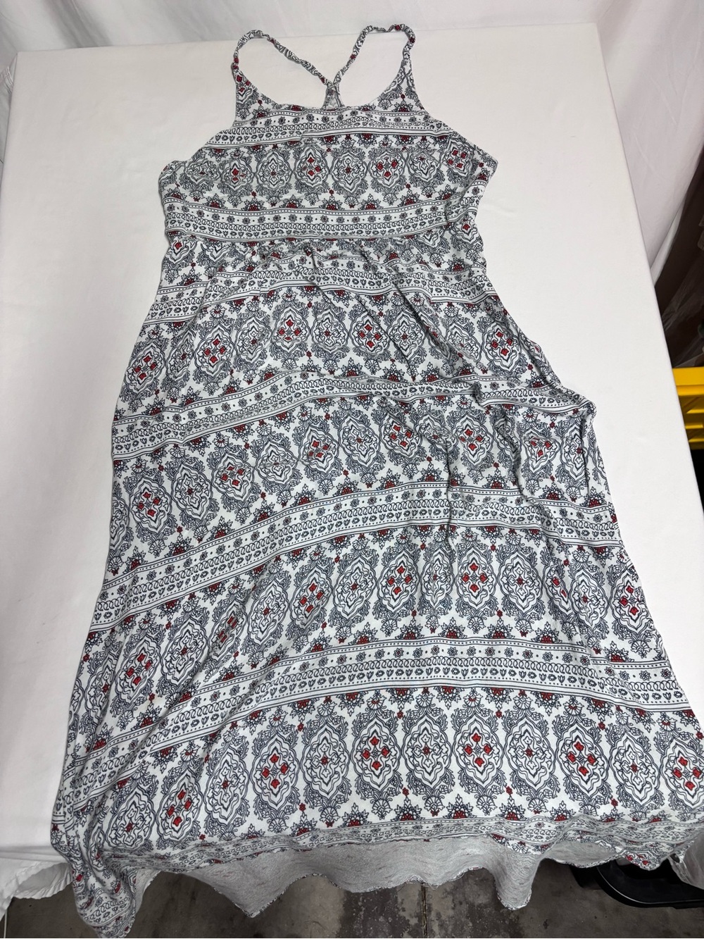 Roxy Women’s Large Navy White Red Boho Print Strappy Maxi Dress